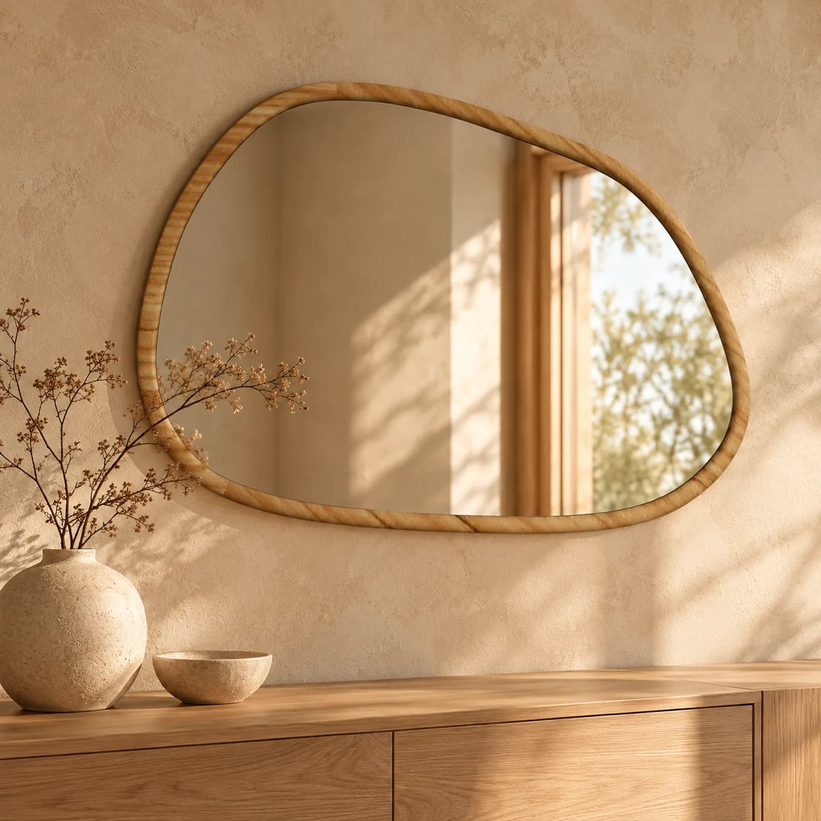 Miroir Ike de forme organique, fin cadre en bois naturel, accroché au-dessus d'un meuble bas