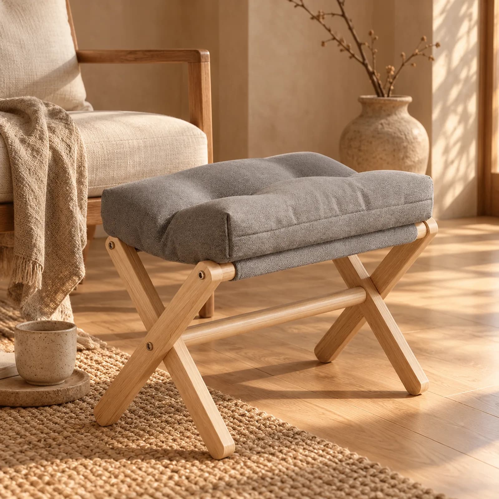 Repose-pieds Yasumi au pied d'un fauteuil en lin, piètement en X en bois clair et coussin gris capitonné