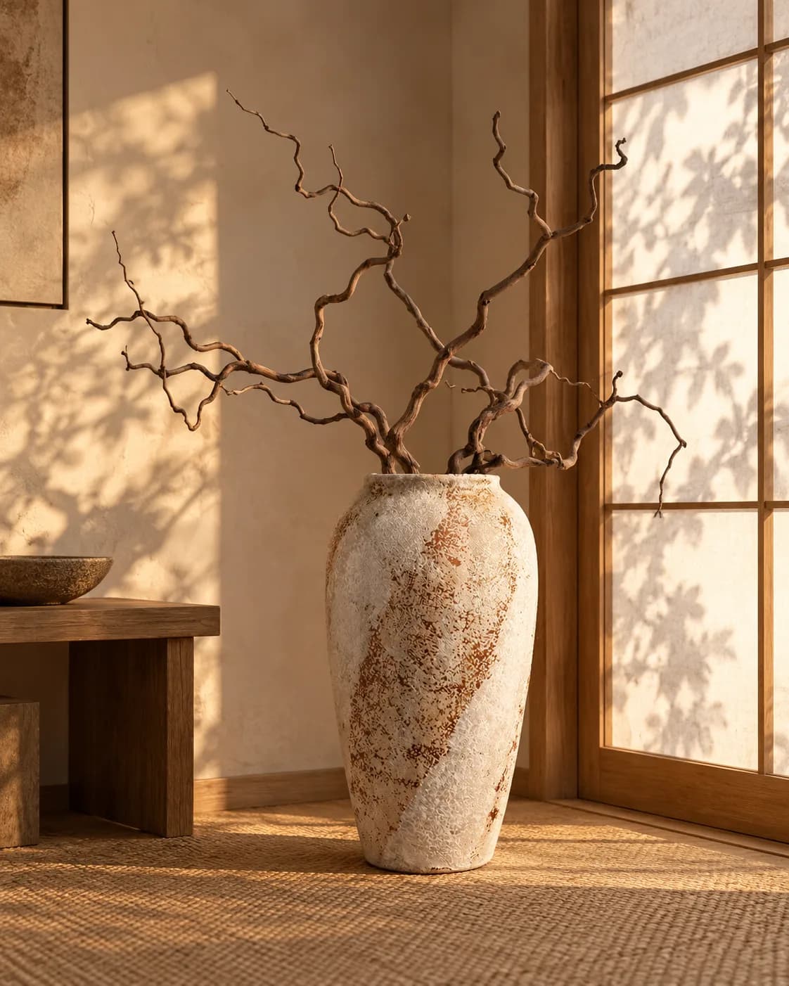 Vase en céramique brute et branches sèches près d'une fenêtre à croisillons
